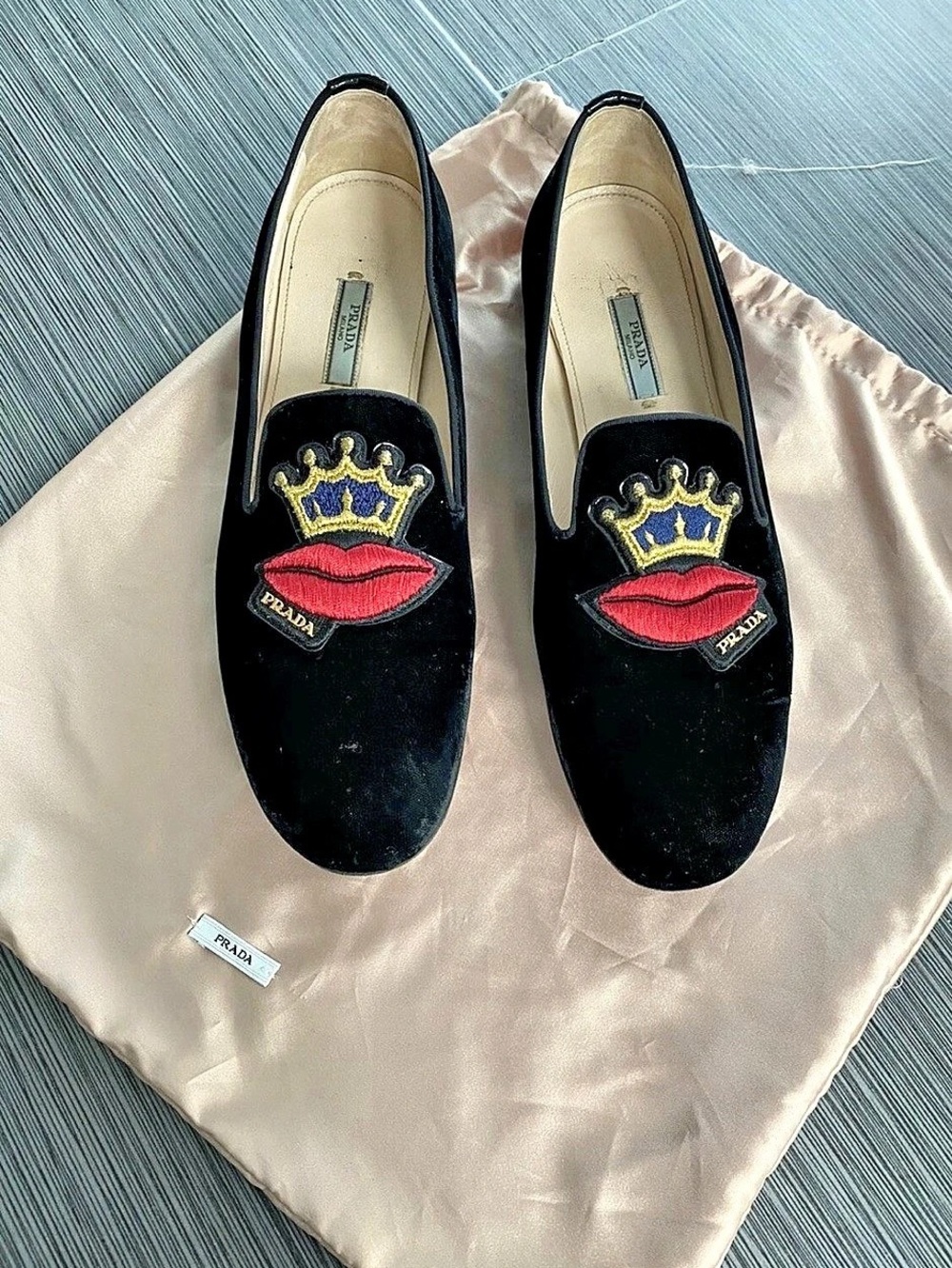 Prada Velvet Crown Lip Embroidered Loafers
